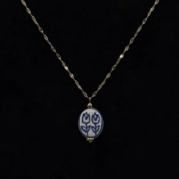 Blue and White Floral Ceramic Pendant on Stainless Steel Necklace - Picture 7 of 13